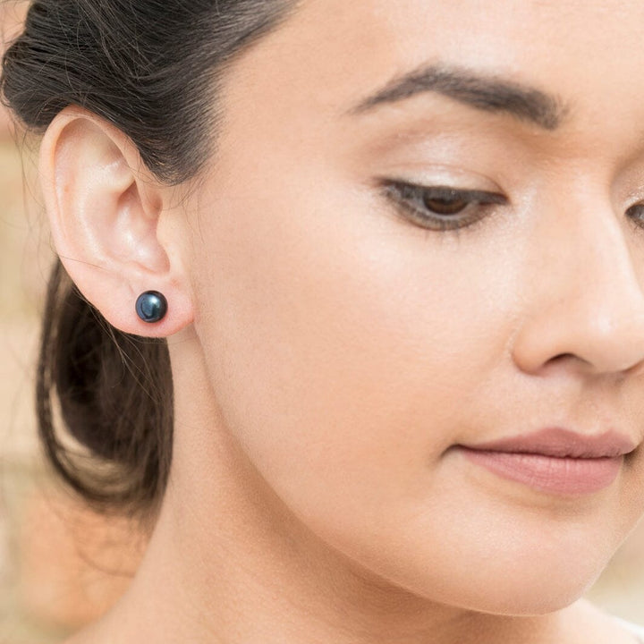 Sterling Silver Black Button Fresh Water Pearl Studs