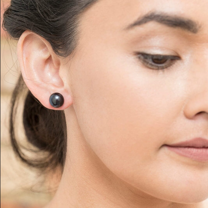 Sterling Silver Black Button Fresh Water Pearl Studs