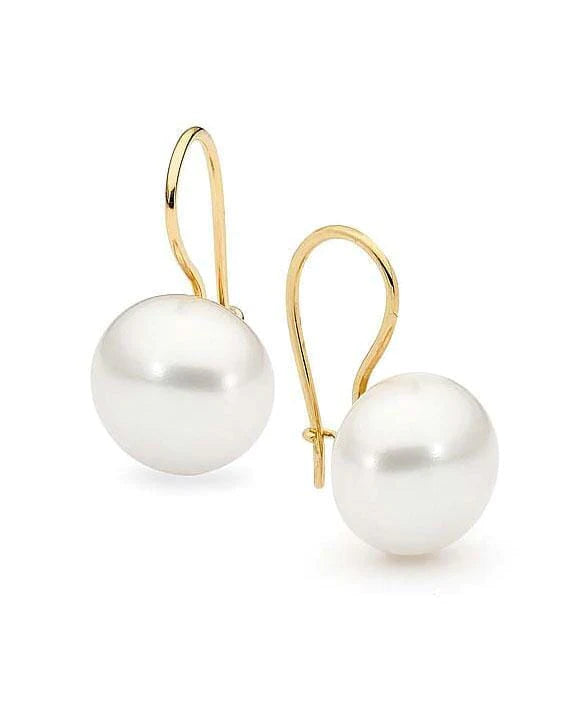 9CT Yellow Gold White Pearl Button Drops 12-12.5MM