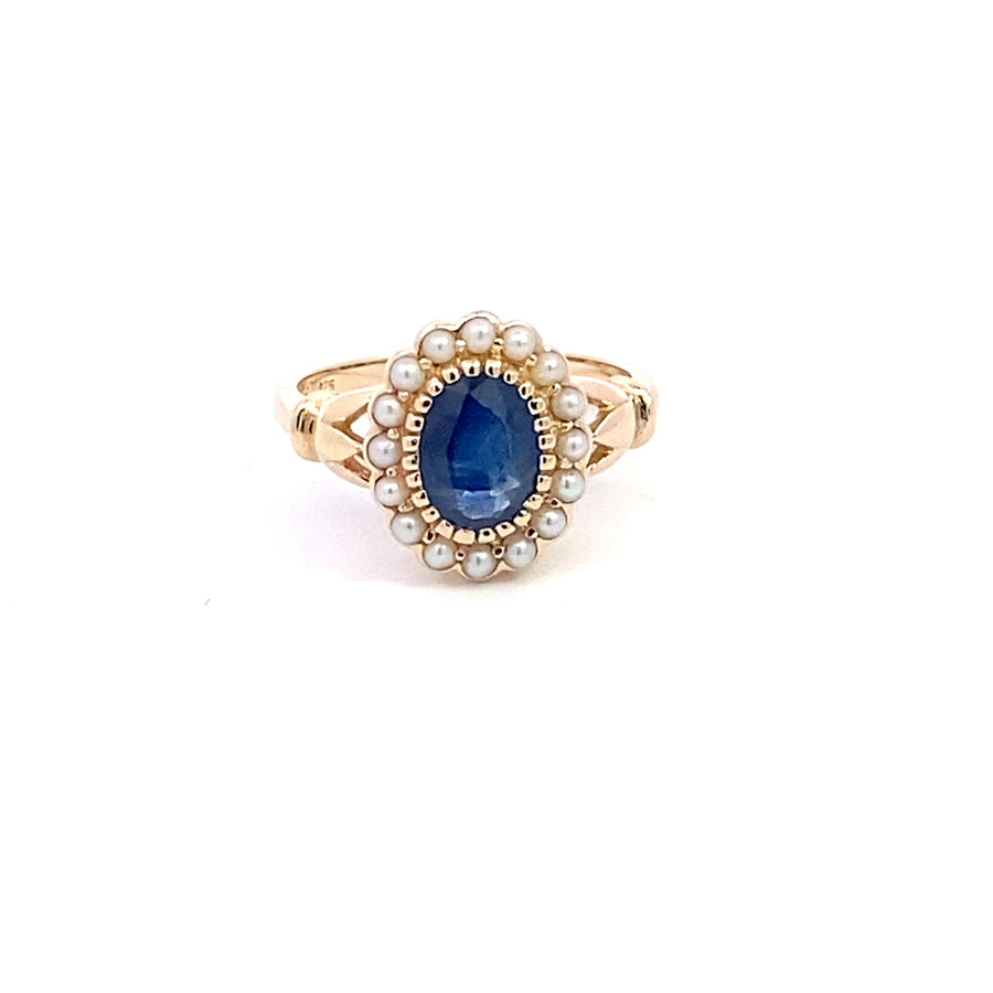 9ct Yellow Gold Sapphire & Pearl Cluster Dress Ring