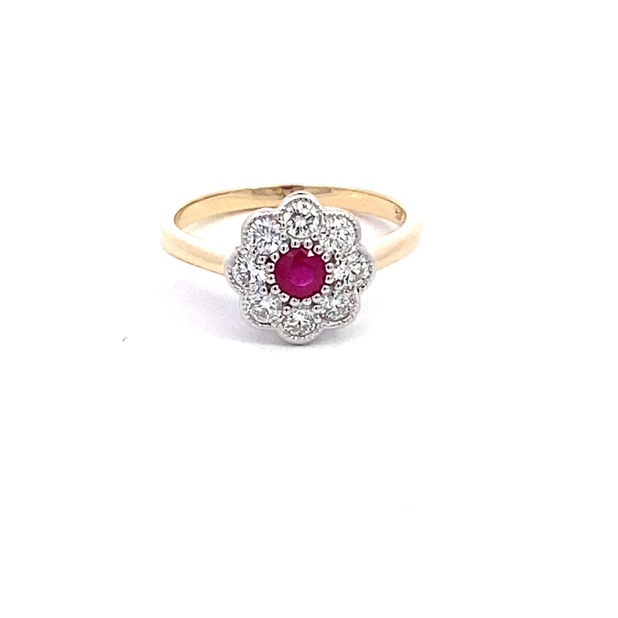 9ct Yellow/White Gold Ruby & Diamond Flower Cluster Ring