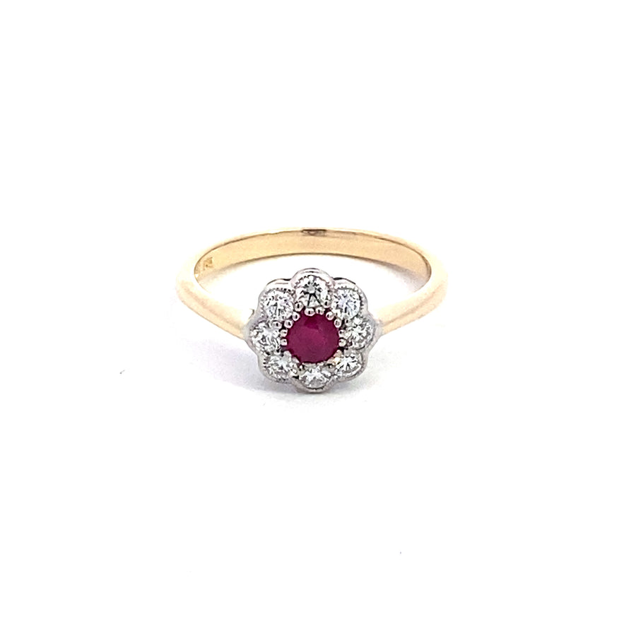 9ct Yellow/White Gold Ruby & Diamond Flower Cluster Ring