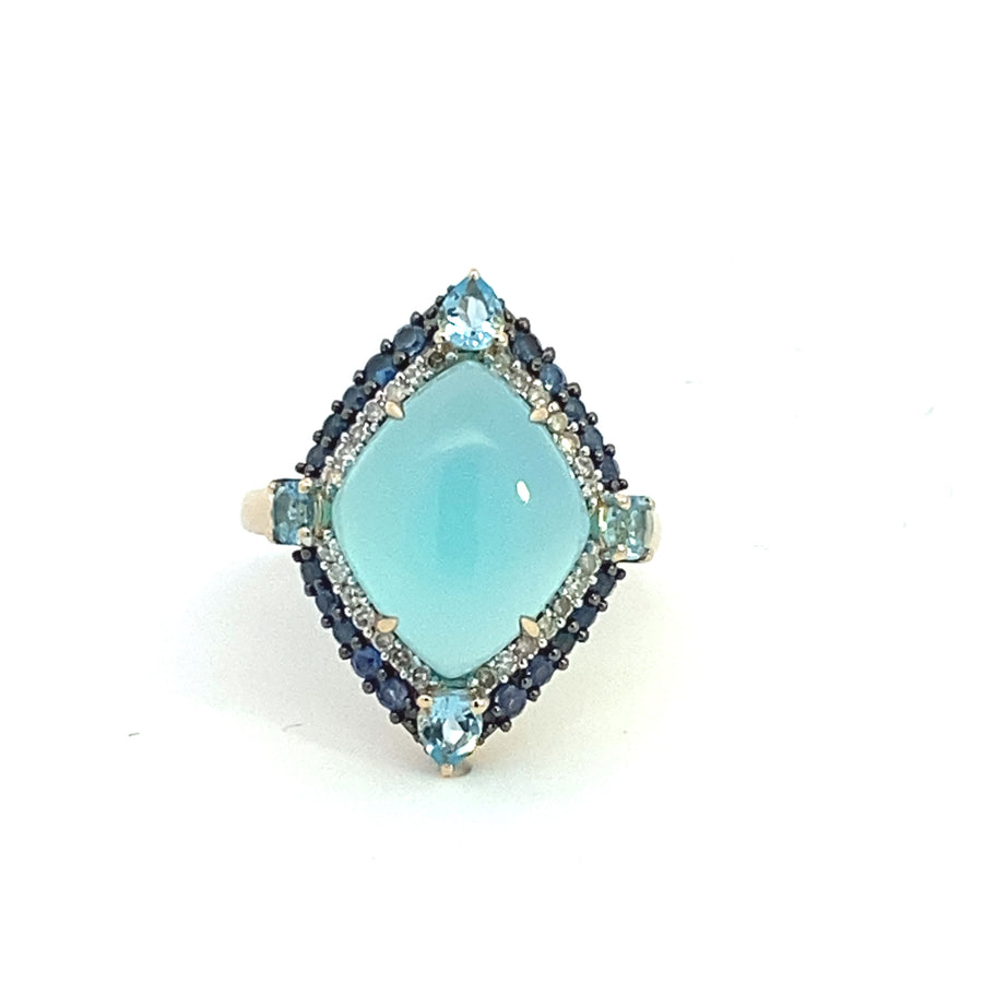 9ct yellow gold Chalcedony, Sapphire, Blue Topaz & Diamond ring