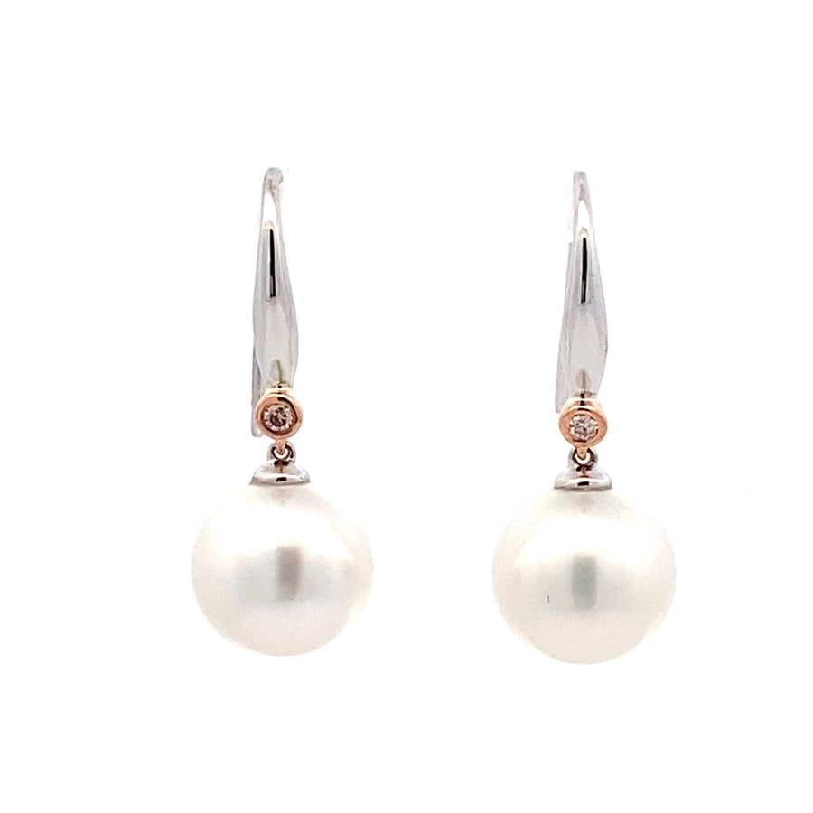 Pink Diamond & South Sea Pearl Earrings - 9K Rose & White Gold