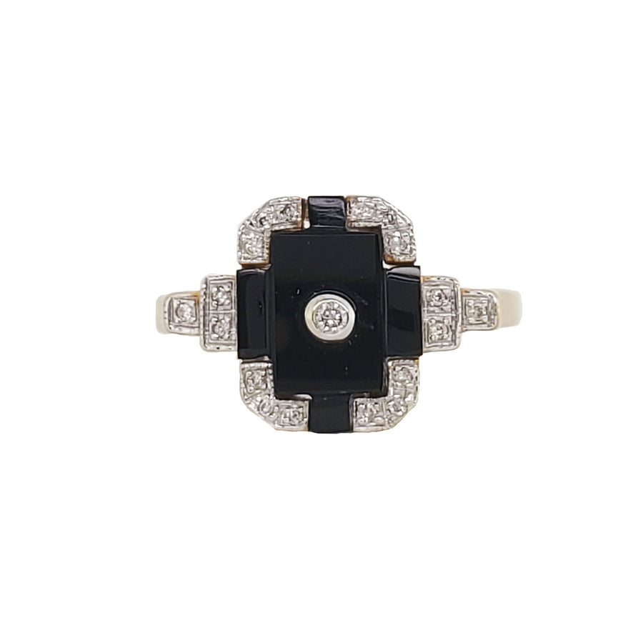 9CT YG ONYX & DIAMOND DRESS RING