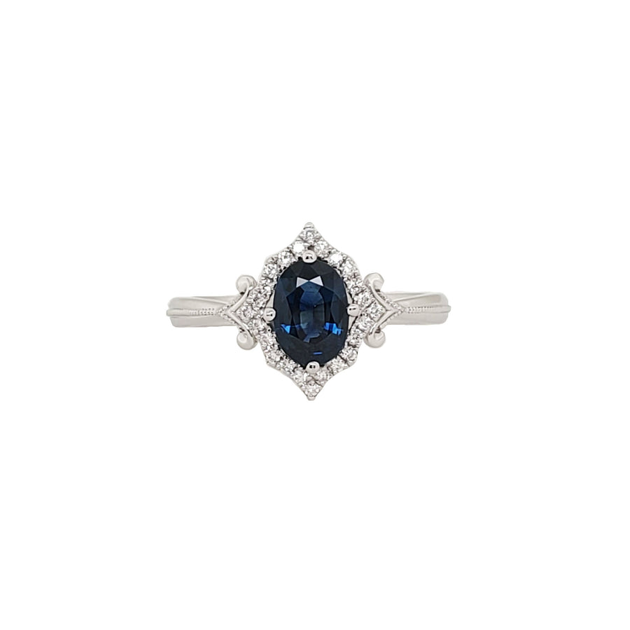 18 ct W/G Diamond Ring G/H SI Diam.11 ct. Sapphire.95 ct oval fancy halo ring
