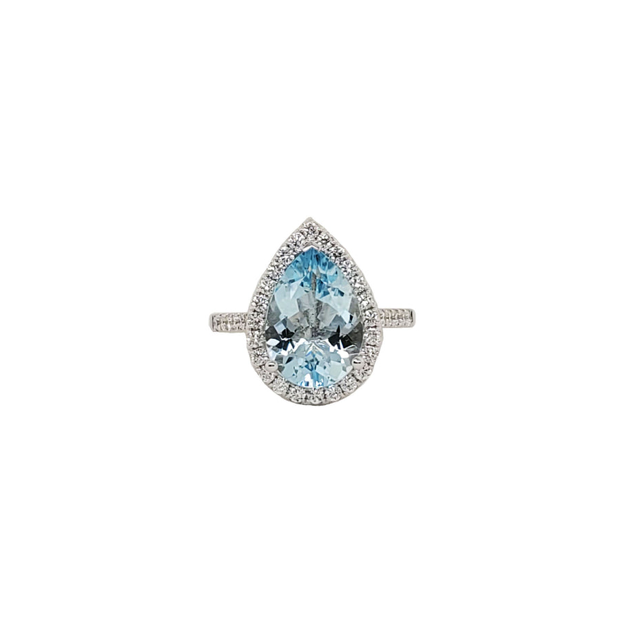 18 ct W/G Diamond Ring G/H SI Diam.56 ct Aquamarine 3.37 ct. halo pear shape ring