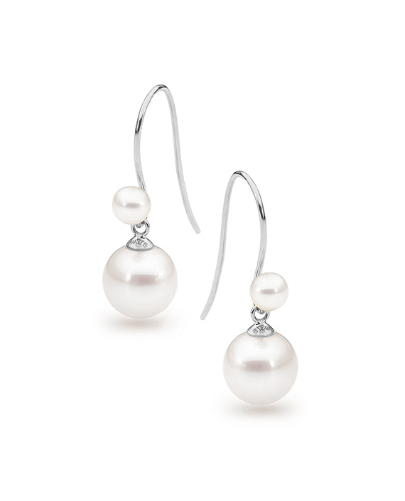 9ct White Gold Double Freshwater Pearl Drop Earrings