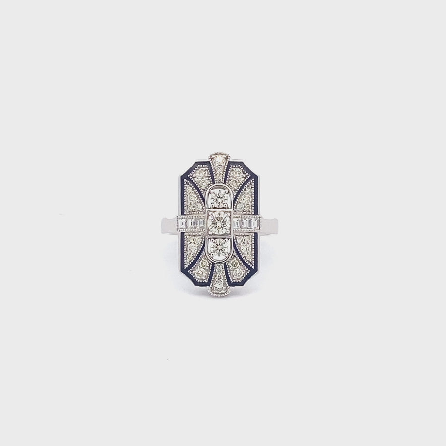 9K White Gold Diamond and Blue Enamel Ring