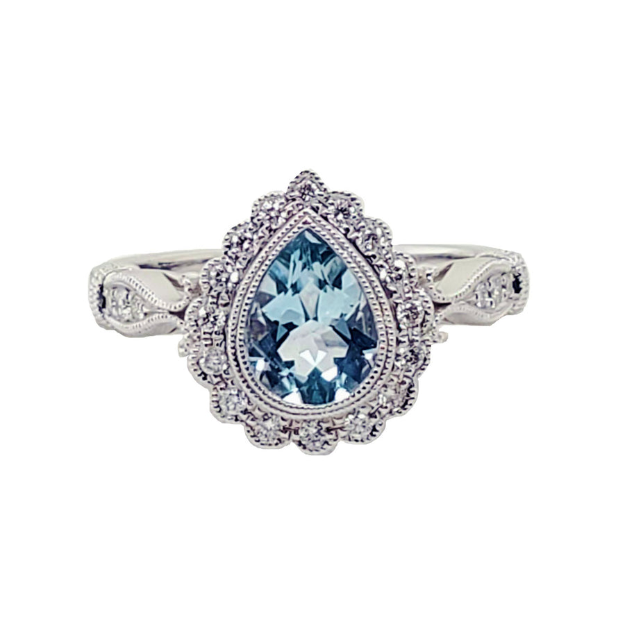 9ct White Gold Pear Cut .95ct Aquamarine with Art Deco Milgrain .19ct Diamond Halo Ring