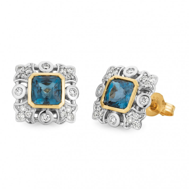 9K Yellow & White Gold London Blue Topaz & Diamond Earring - The French Door Jewellers