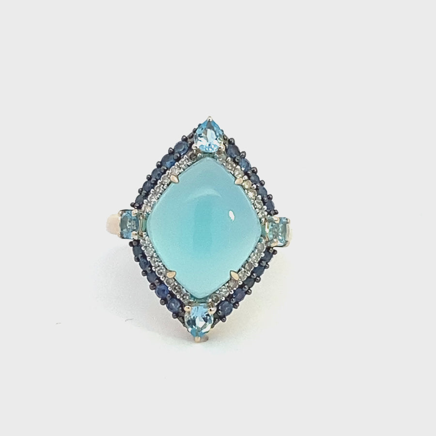 9ct yellow gold Chalcedony, Sapphire, Blue Topaz & Diamond ring